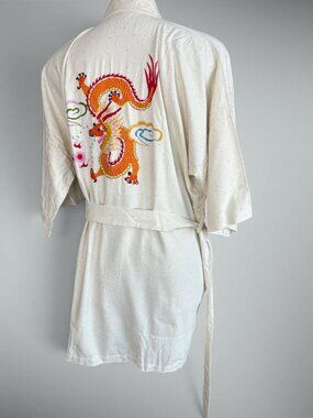 Vintage Chinese Raw Silk Hand Embroidered Dragon Kimono Robe Unworn